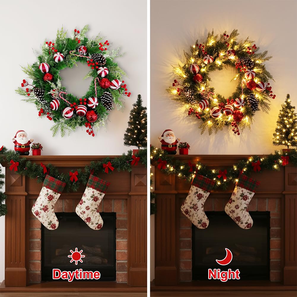 Couronne de Noël de porte d'entrée avec lumières LED - Guirlande de pin artificielle à suspendre pour porte d'entrée, extérieur (rouge)