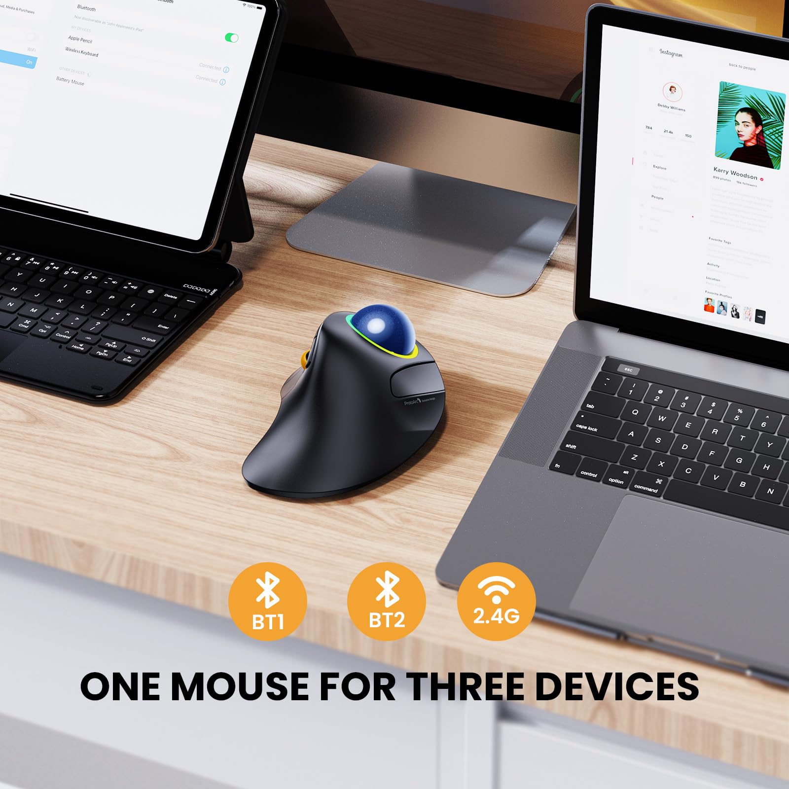 ProtoArc EM03 - Mouse trackball wireless Bluetooth, ergonomico, RGB con trackball, ricaricabile, per computer portatile, connessione a 3 dispositivi, compatibile con iPad, Mac, Windows- Palla Blu