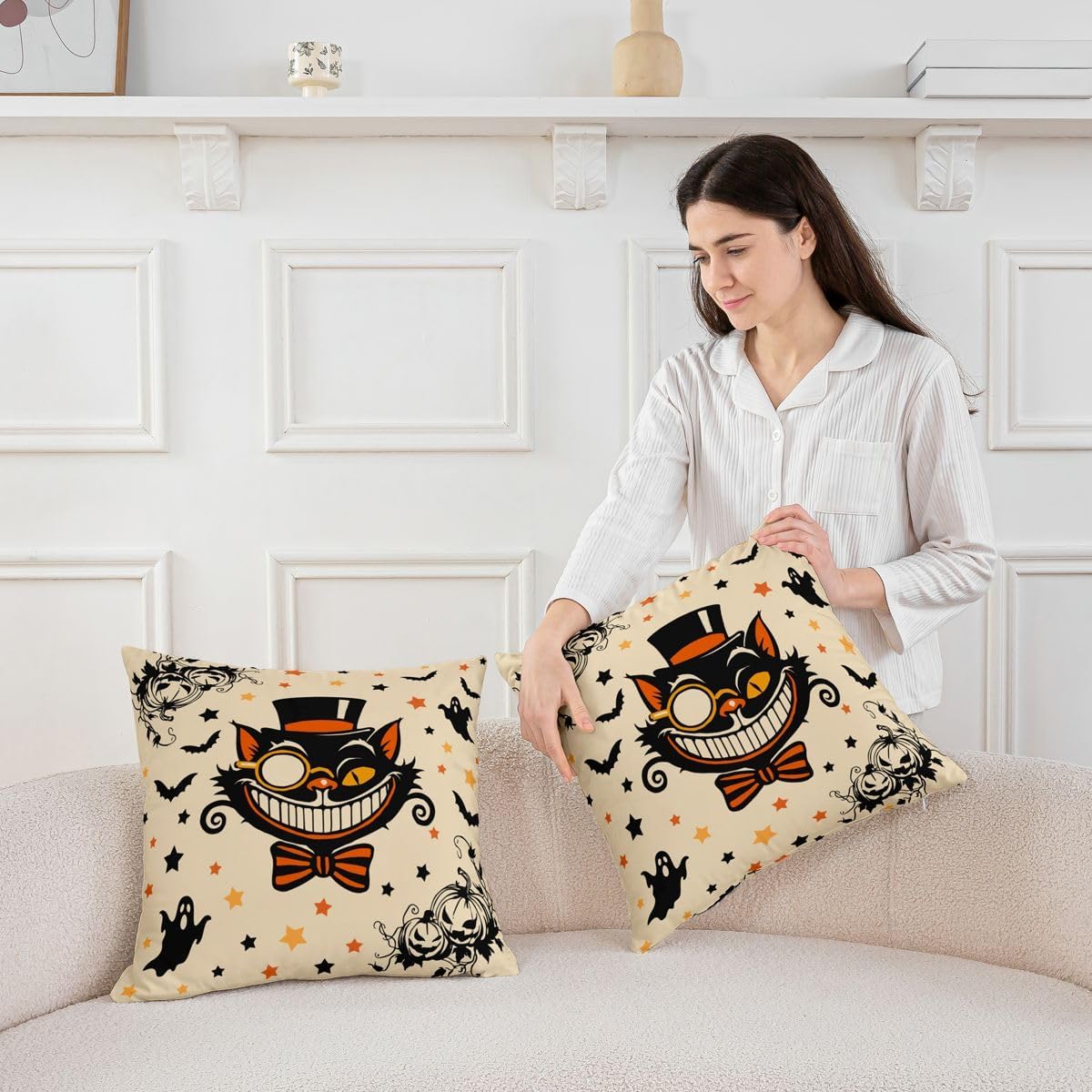 Castle Fairy Cat Print Throw Pillow Cover,Ghost Star Pumpkin Bats Cushion Cover 16"x16" for Kids Boys Girls,Halloween Theme Pillowcase for Car RV Livingroom,Brown Pillow Cover,Single Pack image 3