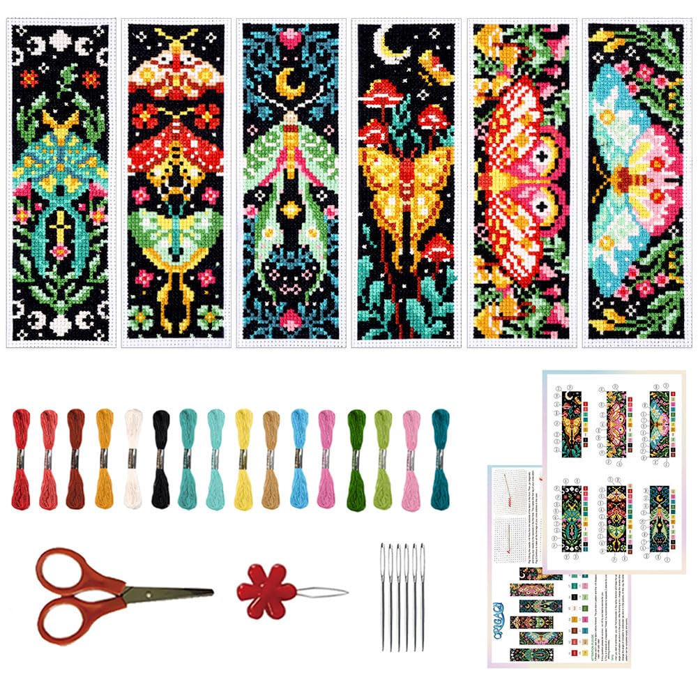 ORIGACH 6 Pcs Cross Stitch Bookmark Kit for Beginner Adults, Vivid Moths Stamped Embroidery Bookmark Kit with Instruction for Starters Printed Cross Stitch DIY Kits for Book Lovers