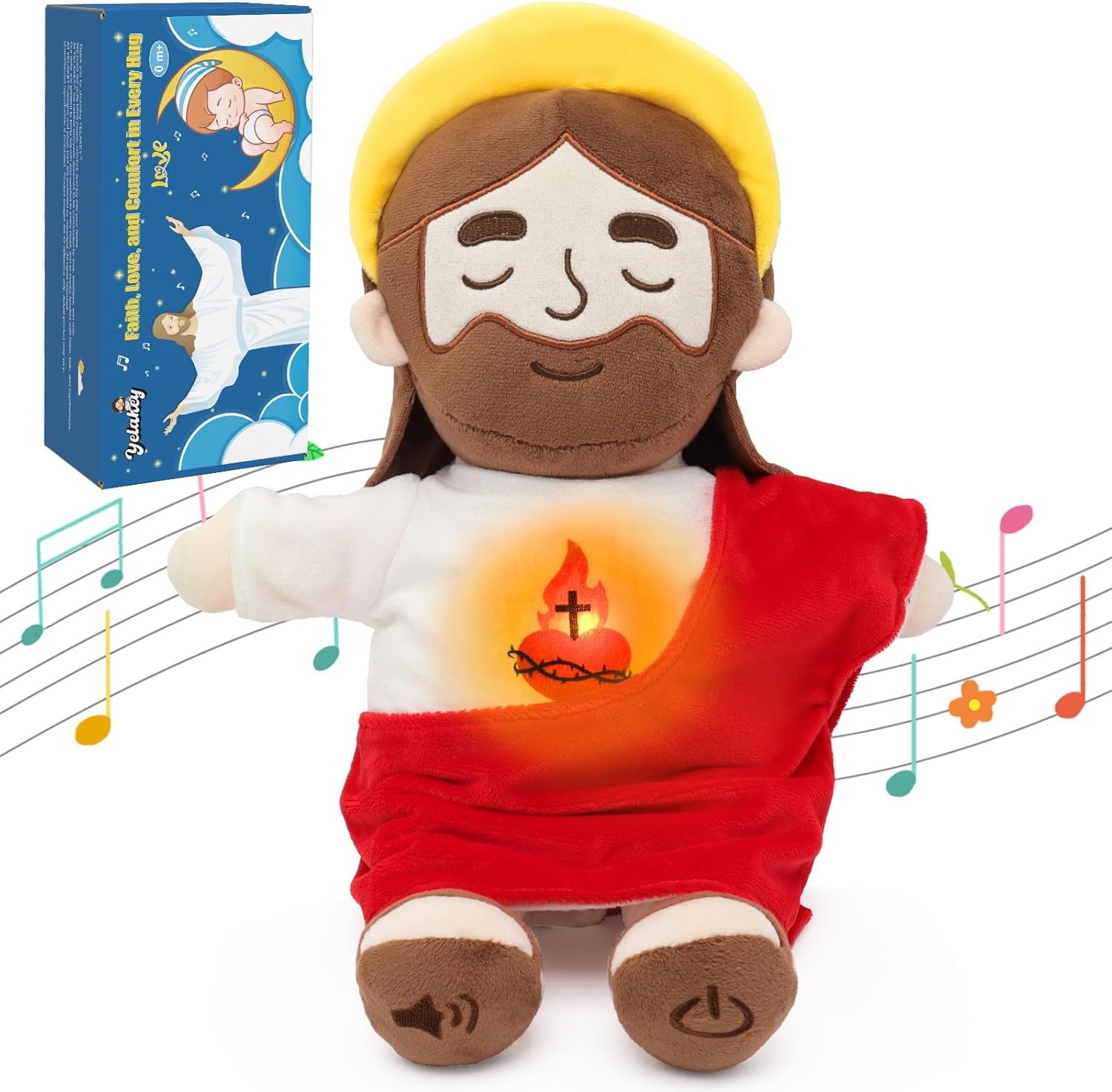 Soothing Jesus Plush Toys with Light & Sound, 15" Jesus Stuffed Breathing Plushy Doll, Christian Catholic Religious Plushie Christmas Easter Gifts for Kids Baby (Red)