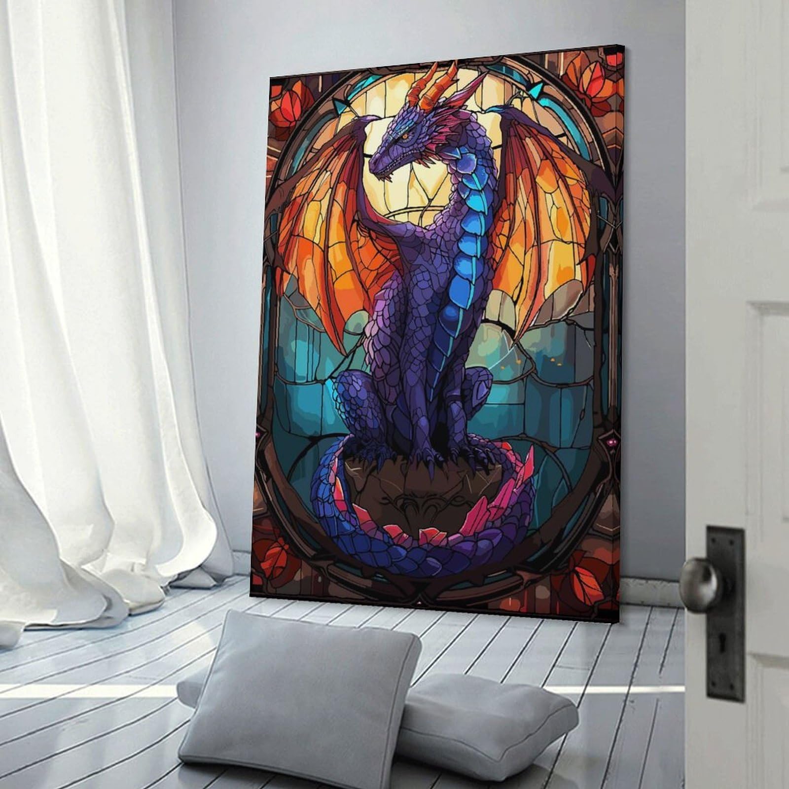 Junmoney Dragon Fantasy Stain Glass Canvas Wall Decor, 24x36inch(60x90cm), for New Homes, Bedrooms Or Workspaces, Gift Idea for Housewarming And Birthdays