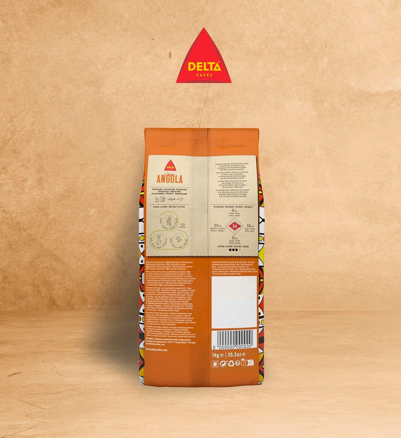 Delta Cafés - Café en Grano Angola - 2 Paquetes de 1 Kg - Intensidad 13 - Mezcla de Granos de Arábica y Robusta Notas Dulces: Caramelo, Azúcar Quemado y Vainilla