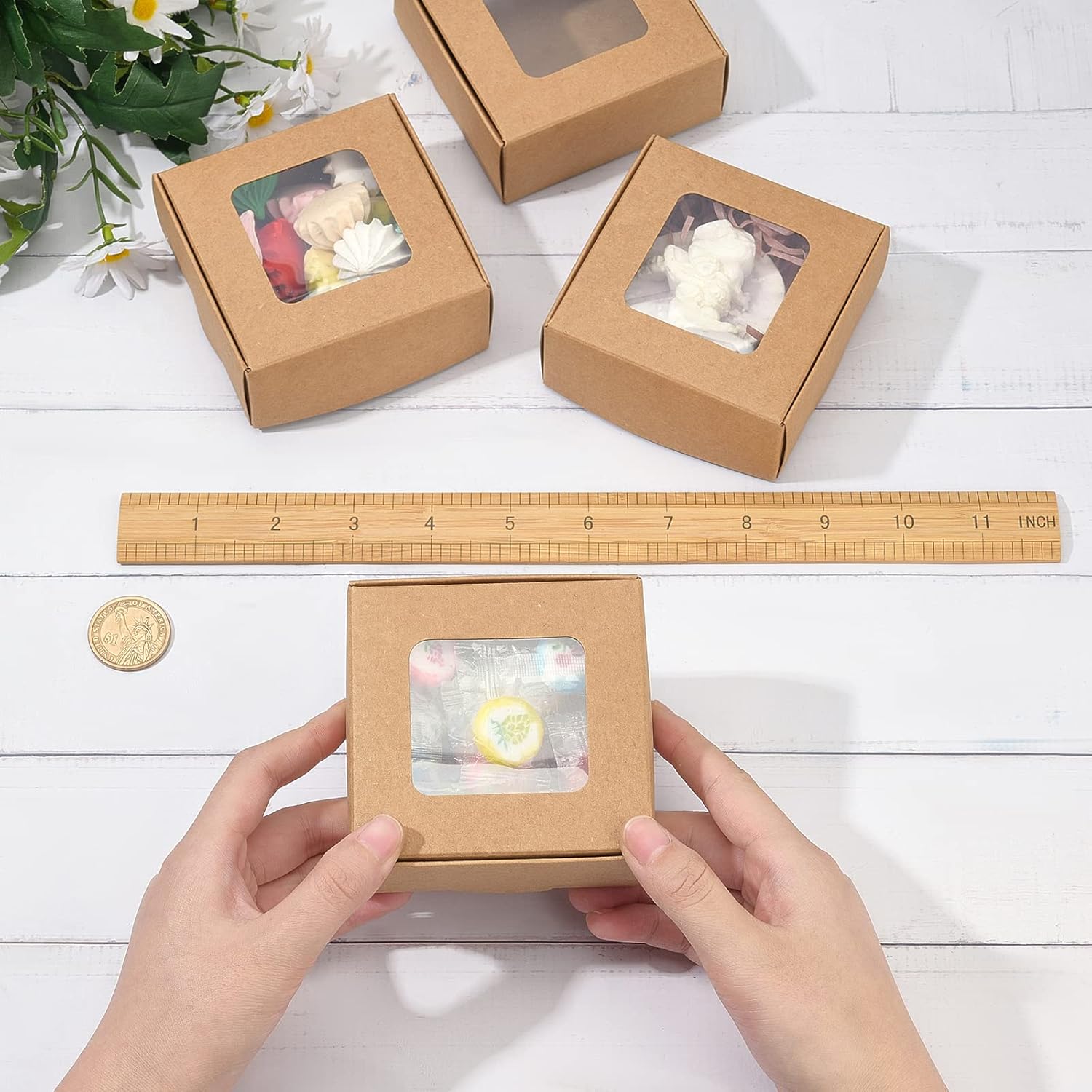 BENECREAT 28 Packs 8.5x8.5x3.5cm Kraft Paper Box with Clear Windows - Image 4