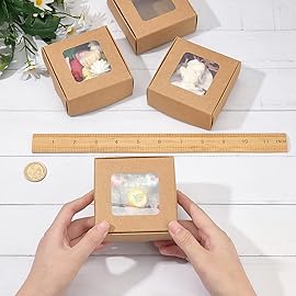 BENECREAT 28 Packs Kraft Paper Box with Clear Windows, 3.4x3.4x1.4Inches Paper Gift Box for Party Favor Treats Bakery, Festival Gift Packaging