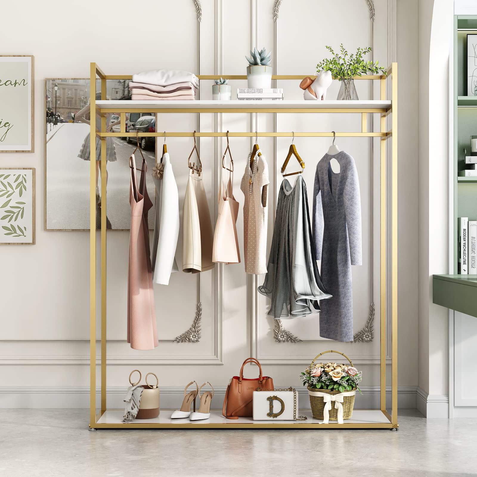 - Heavy Duty Gold Clothing Rack with Shelves for Hanging Clothing, Gold Metal Freestanding Garment Rack for Retail Display (59" L)