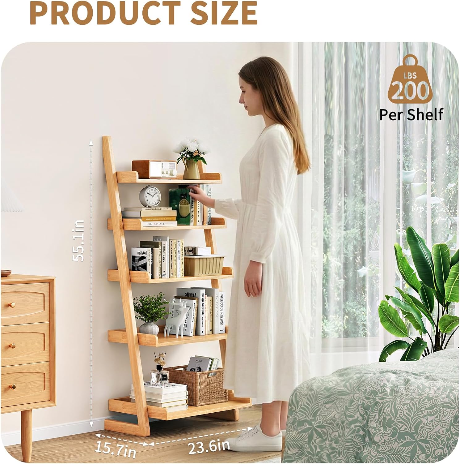 Uniclinens Natural 5-Shelf Ladder Shelf,Space-Saving Leaning Structure for Compact Spaces,Open Wall-Mounted Storage Rack for Living Room, Bedroom, and Home Office