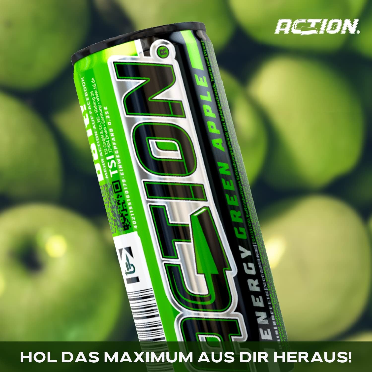Action Energy Drink Green Apple (48 x 250 ml) incluye depósito – Refresco con sabor a manzana verde – patata energética con mayor contenido de cafeína 31,5 mg/100 ml de cafeína enfoque mejorado