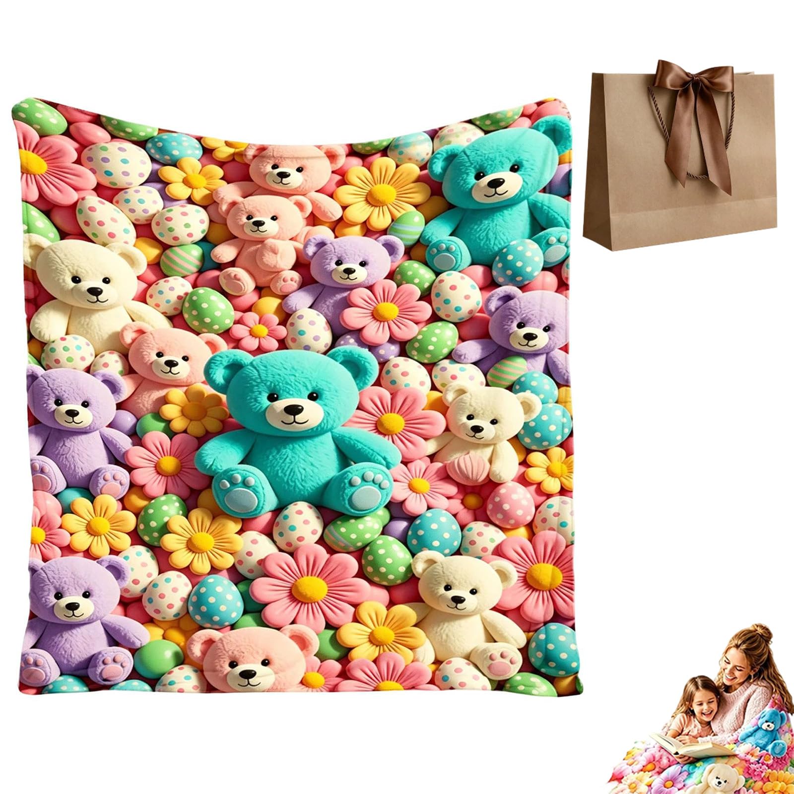 Jmwub 2027 Teddy Pastel Floral Print Throw Blanket, Kawaii Teddy Bear Blanket, 3d Plush Throw with High-Definition Pastel Print, Feels Gentle on Skin for Women, Teens, (1PC-V,70 * 100)