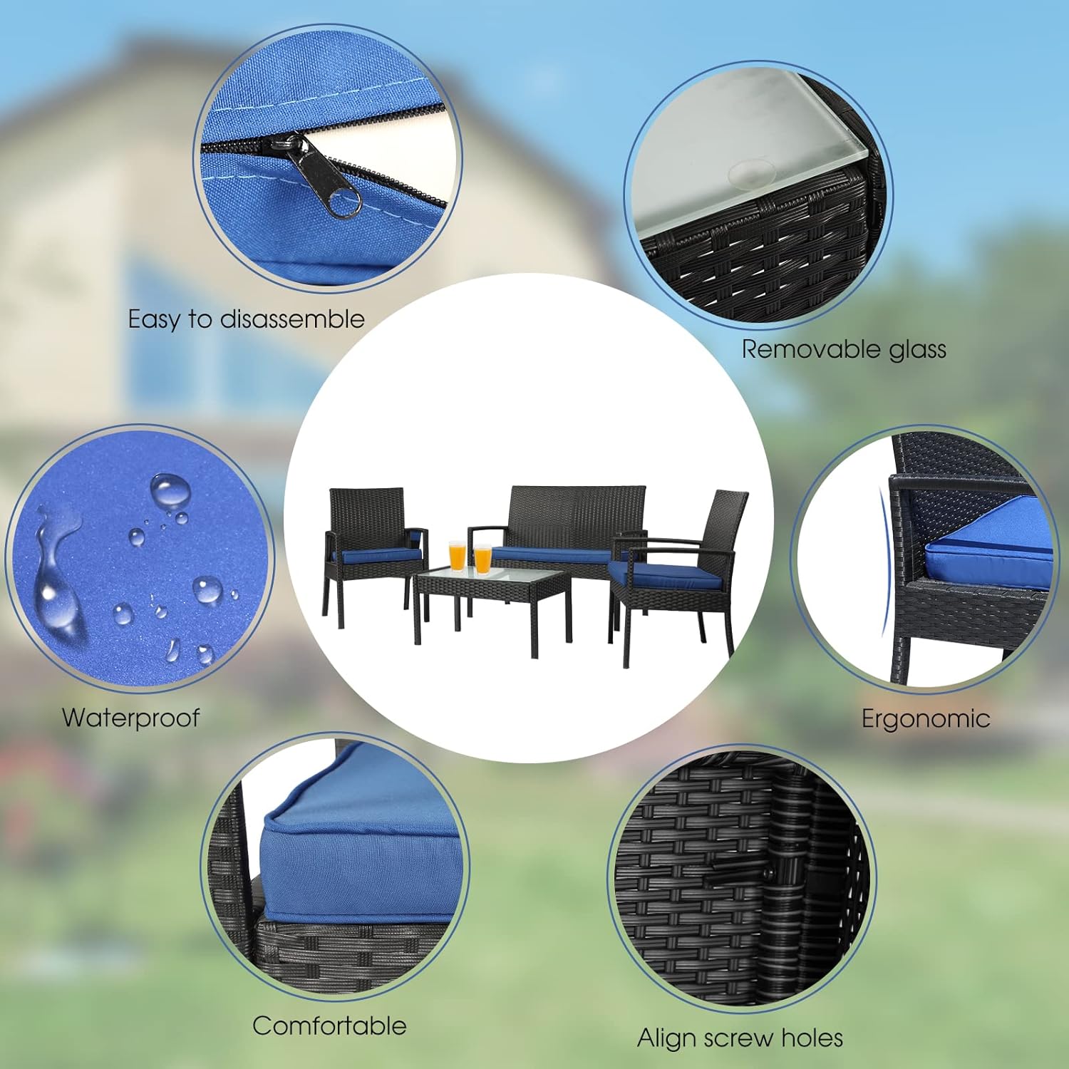 PAOLFOX4 Piece Outdoor Patio Furniture Set, Rattan Patio Conversation Set with Table,Modern Wicker Chairs and Table Sets,Outdoor Furniture for Porch, Garden, Lawn, Blue