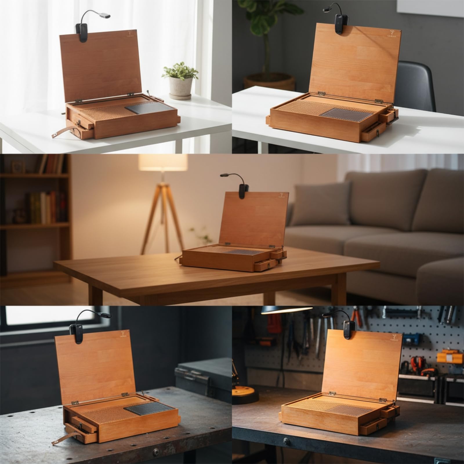 harayaa Estación de Ensamblaje Banco de Trabajo Mesa de Manualidades Taller Portátil con Luz LED Cuello de y Base de Corte de Madera con Tapa Abatible y