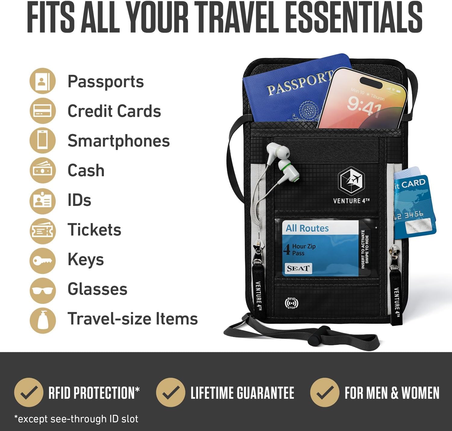 VENTURE 4TH Neck Wallet for Women & Men – RFID Blocking Passport Holder for Travel, Hidden Neck Pouch with 6 Compartments, Slim Lightweight Travel Organizer with Adjustable Strap (Black) - Image 2