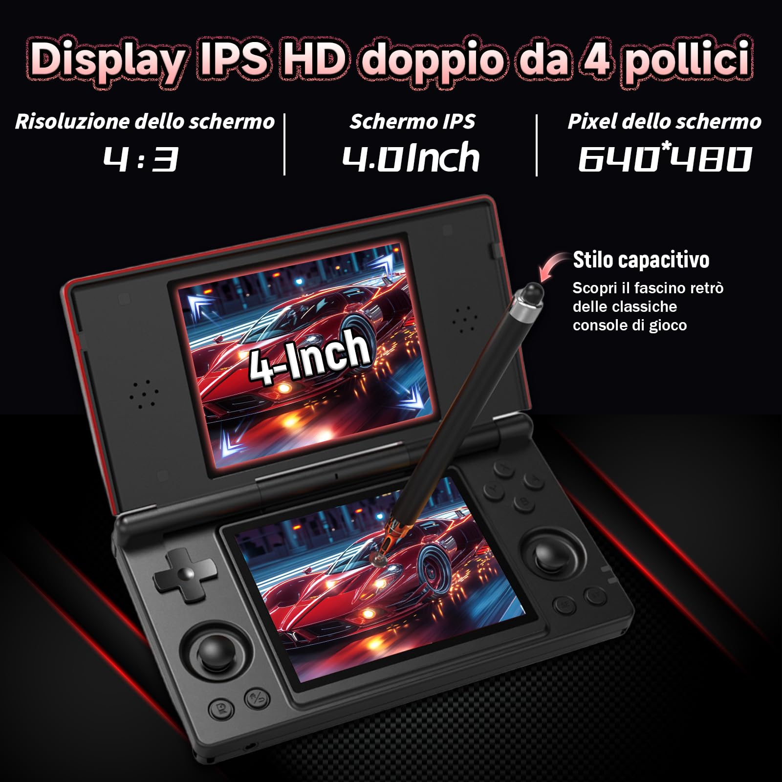 HKOORLAMULS Console portatile gaming con stilo capacitivo Console Retro Game Android14, Videogiochi pieghevole a doppio schermo da 4 pollici,Wi-Fi2,4+5 GHz e Bluetooth 4.2,batteria da 4000mAh (Nero)