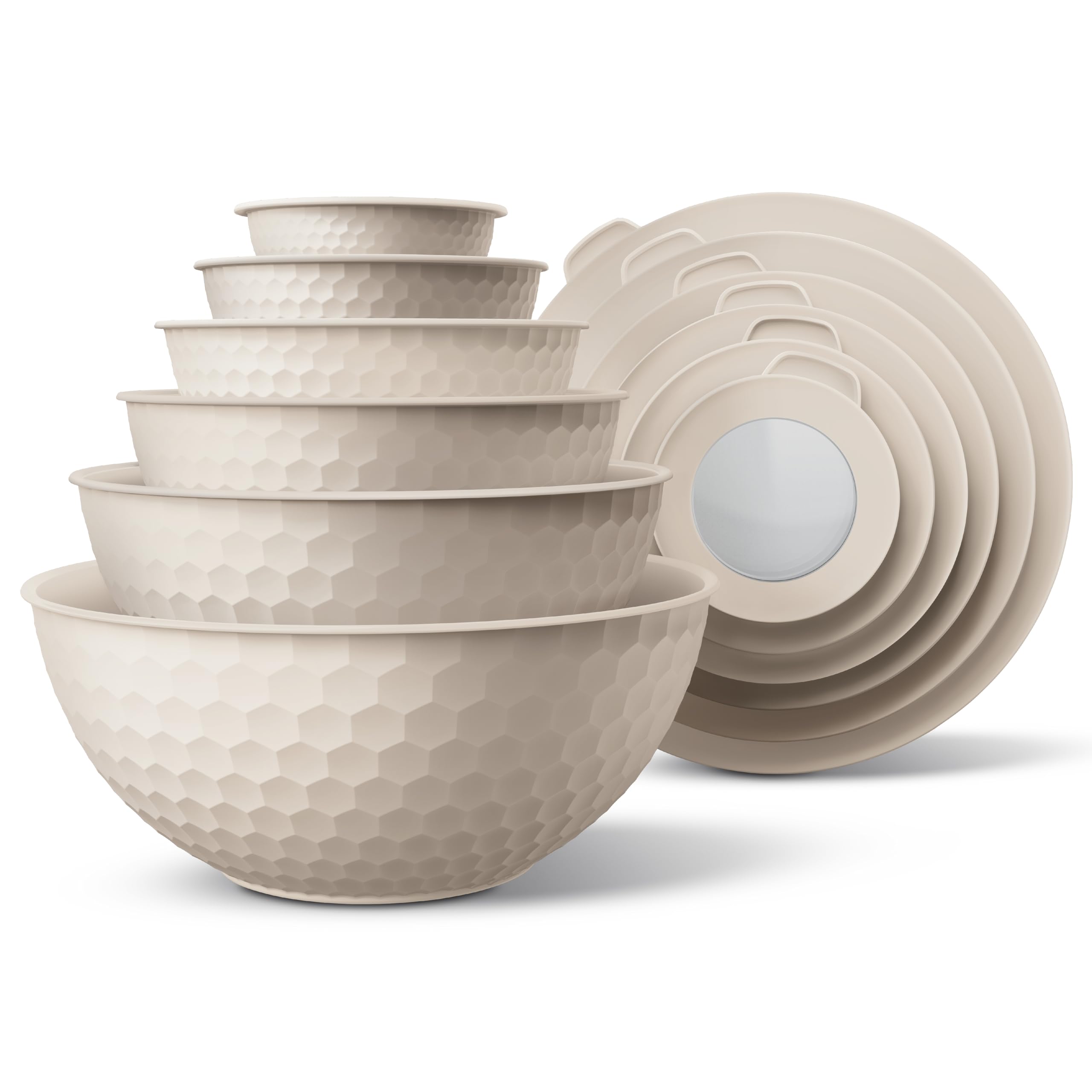 COOK WITH COLOR Mixing Bowls with Lids - 12 Piece Plastic Nesting Bowls Set includes 6 Prep Bowls and 6 Lids, Non Slip Bottom and Embossed Design - Microwave Safe (Cream)