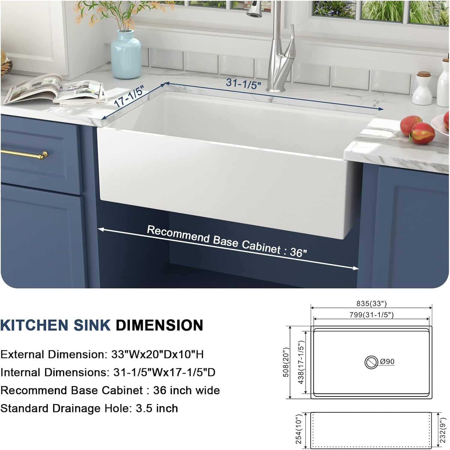 White Farmhouse Sink 33 Inch Kitchen Sinks Workstation Flat Fireclay Porcelain Ceramic Single Bowl Farm Sinks 33x20x10 Inch with Red Wooden Cutting Board