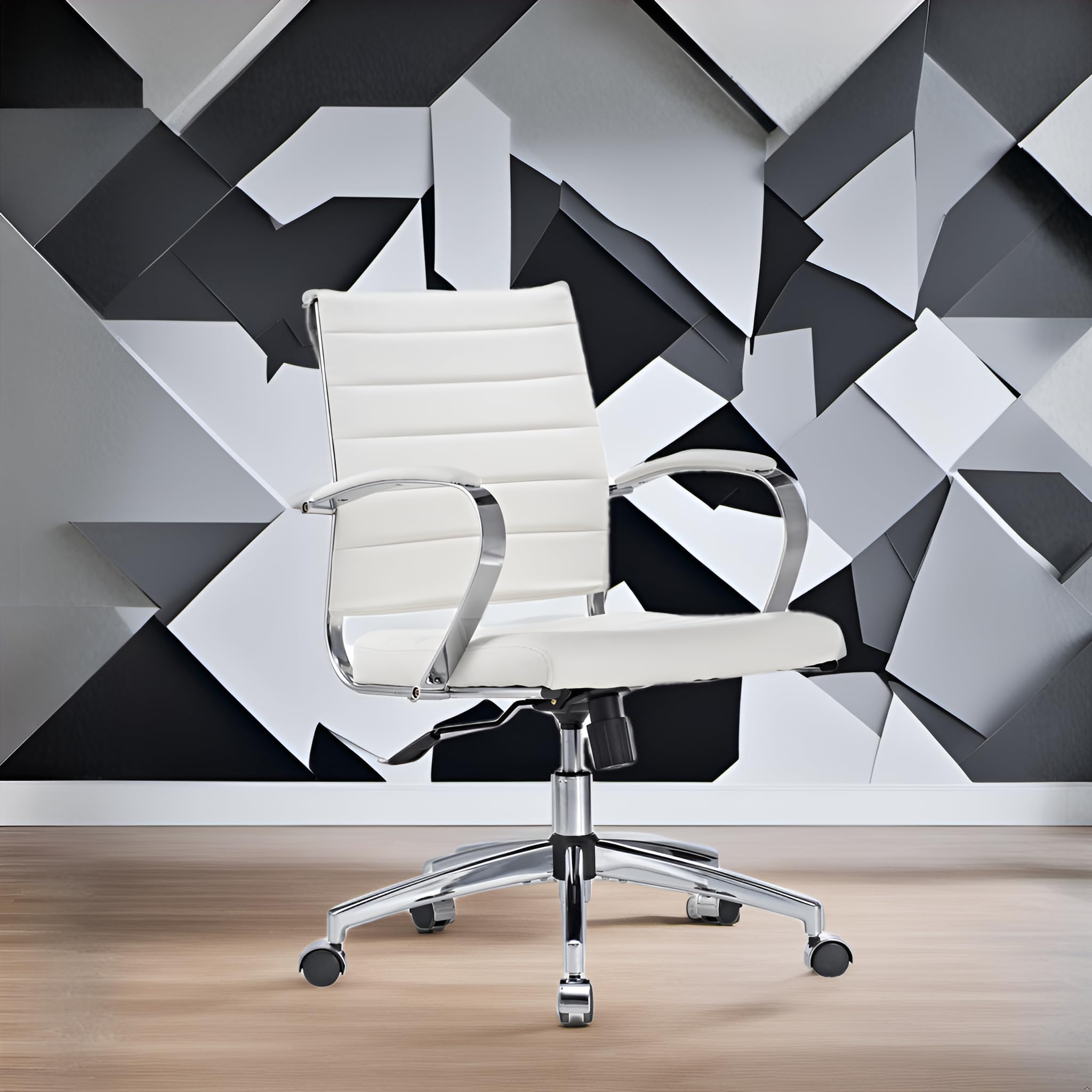 LUXMODMid-Century Modern White Leather Office Chair with armrests, Adjustable Swivel Desk Chair for Home Office, Ergonomic Executive Chair