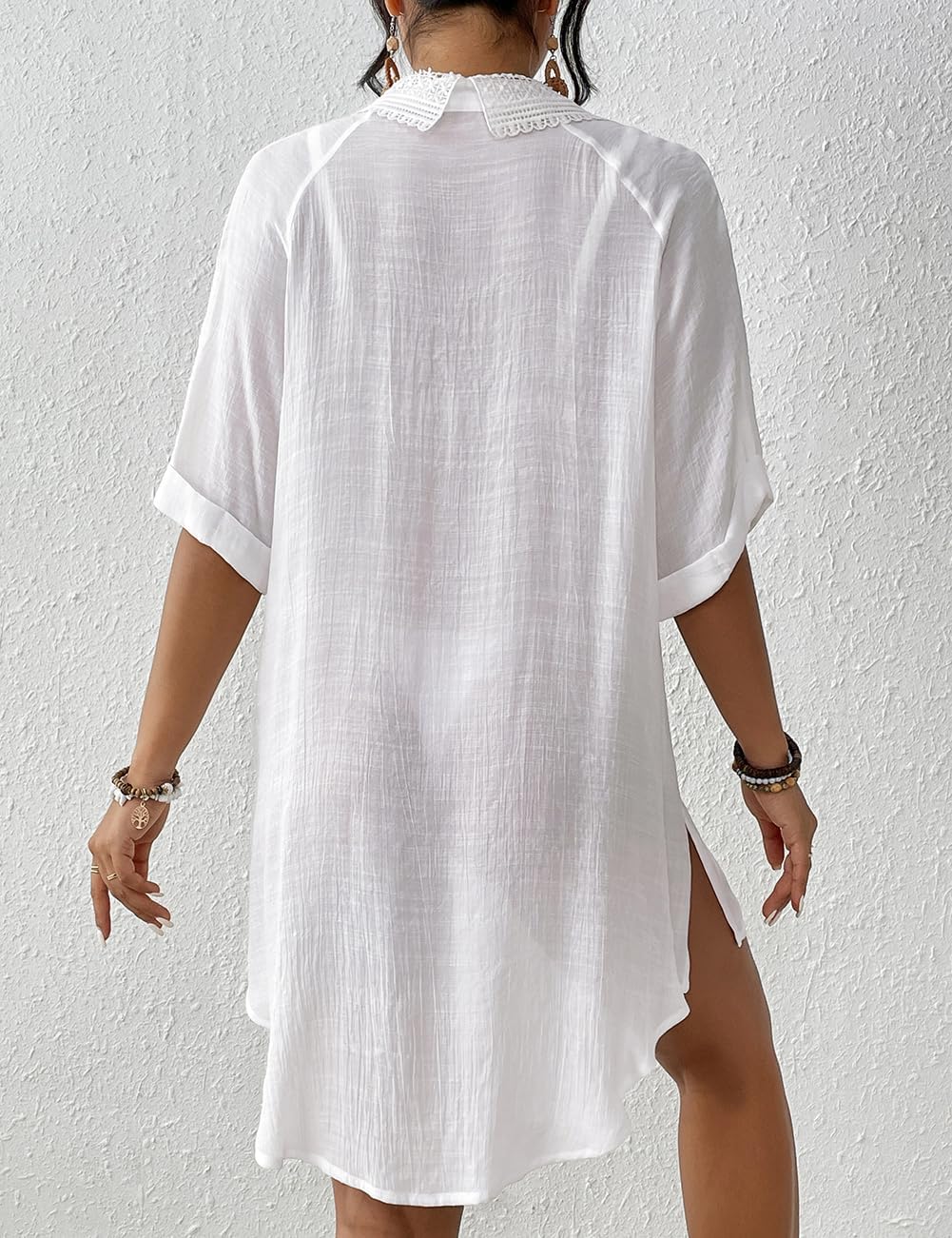 Bsubseach Women Beach Shirt Bathing Suit Cover Up Embroidered Lapel Blouses Button Down Collar Tops - Image 5