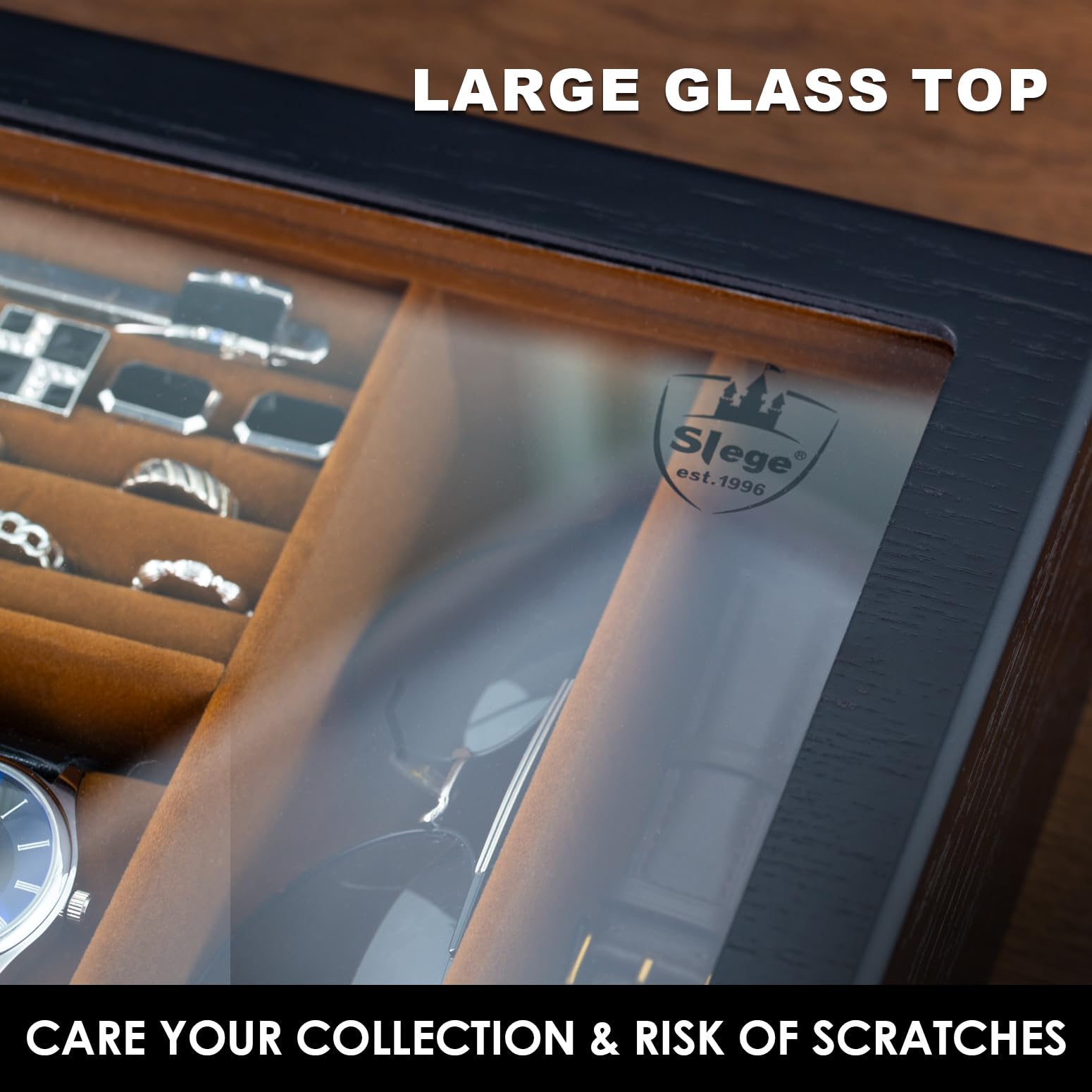 Slege Uhrenbox aus Holz,6 Fächer,Uhrenkasten Glasdeckel,Sonnenbrillenbox,Uhrenetui für Herren,Uhrenaufbewahrungsbox und Schmuckkästchen,Uhrenbox Organizer für Männer und Frauen,für Ringe,Ohrringe