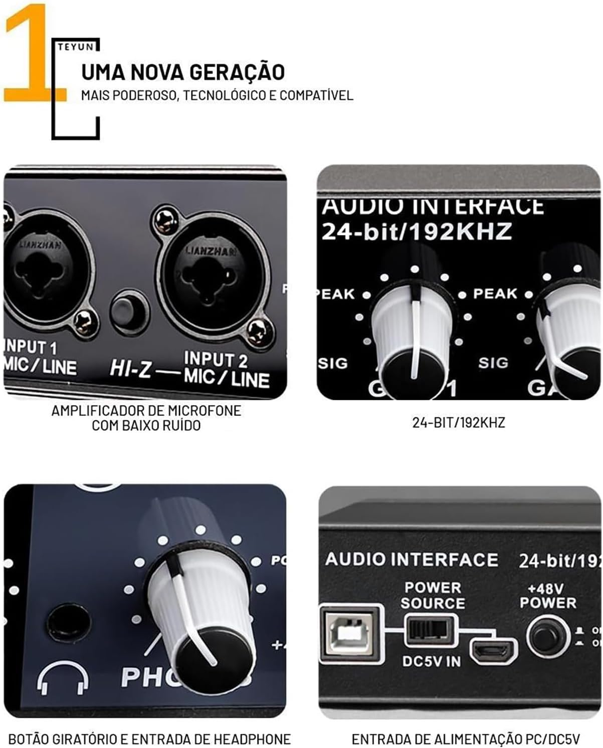 TEYUN interface de audio,Placa de som profissional de canal duplo com USB 2.0 de alta velocidade, função de monitor para estúdio/gravação musical/gravação vocal/jogos/Alto-Falantes de Computador TEYUN interface de audio,Placa de som profissional de canal duplo com USB 2.0 de alta velocidade, função de monitor para estúdio/gravação musical/gravação vocal/jogos/Alto-Falantes de Computador