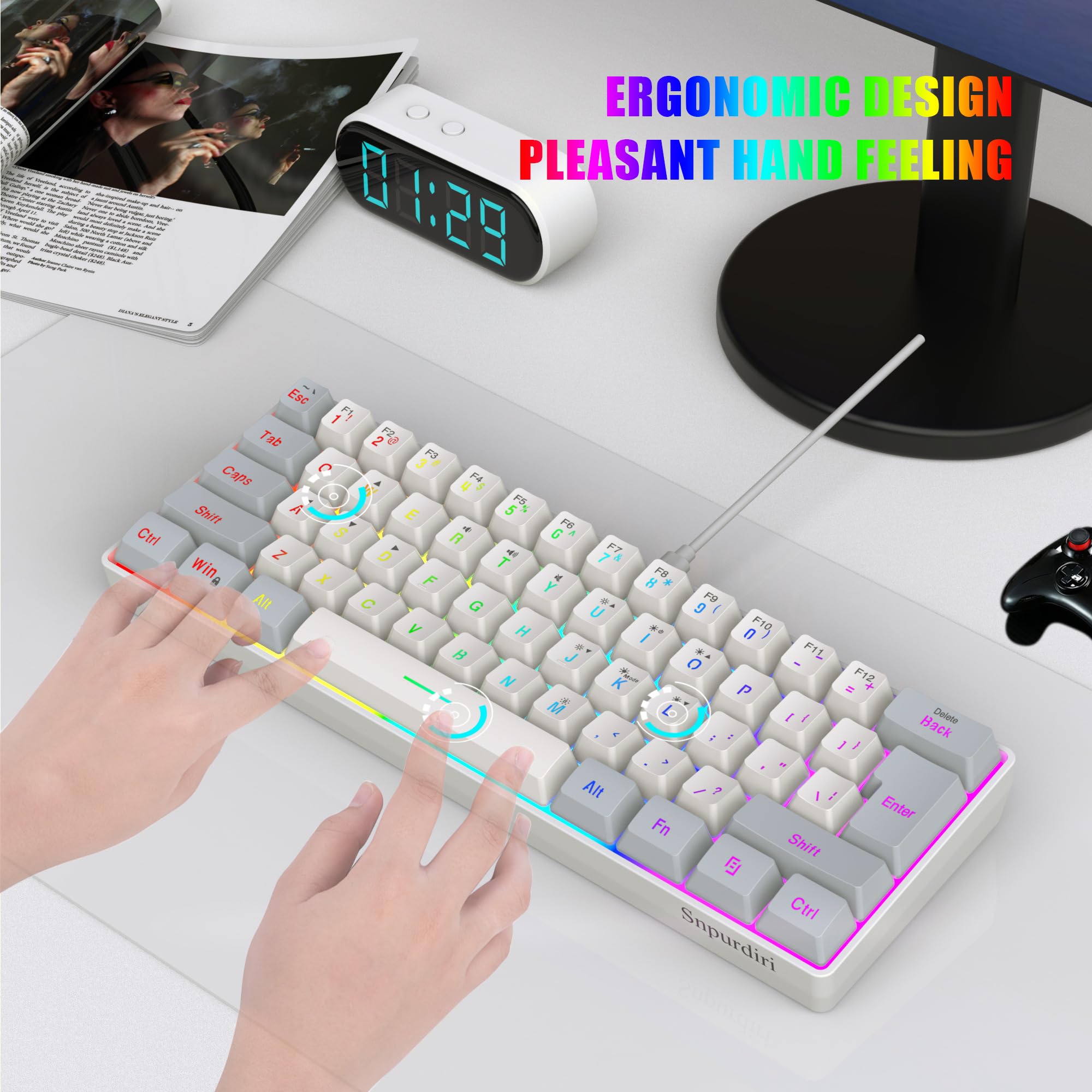 Snpurdiri 60% Wired Gaming Keyboard, 61 Keys RGB (Grey-White) view 6