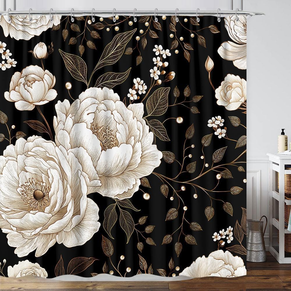 Black and Gold Shower Curtain, Dark Roses Leaves Botanical Aesthetic Boho Floral Shower Curtain for Bathroom with Hook, Vintage Rose Gold Flowers