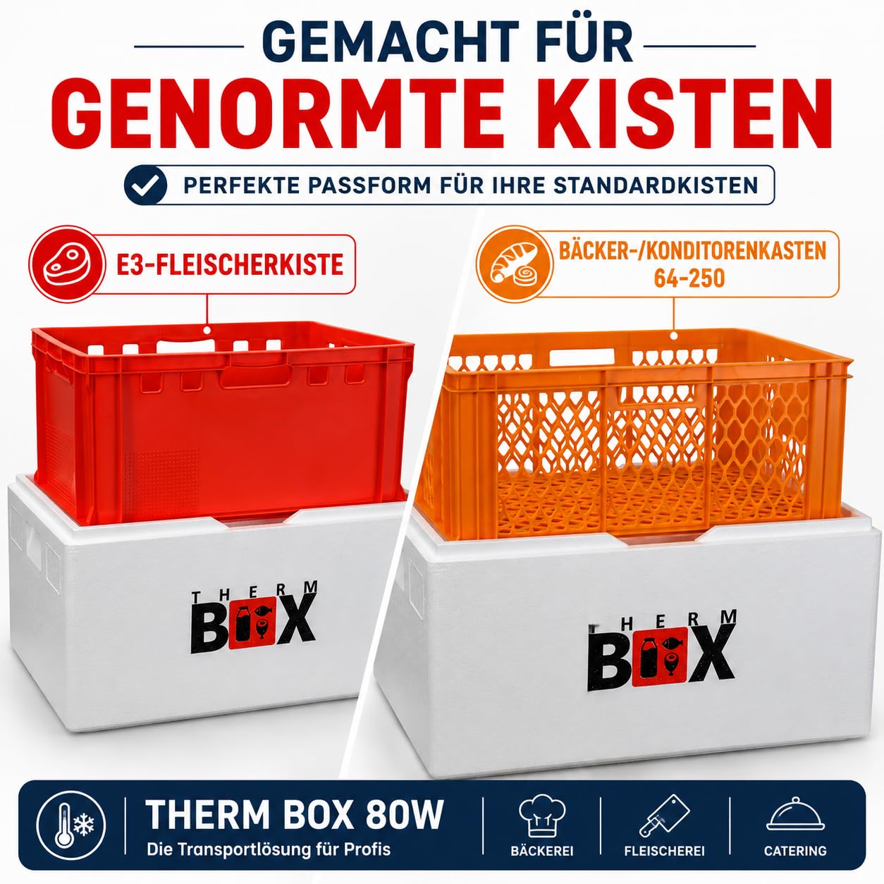 THERM BOX 80W Styroporbox 80 Liter Kühlbox Set mit 10 Gel Kühlakkus | Gel Kühlpacks | Box Innenmaß 62,5x44x30 cm Wandstärke 3 cm Thermobox Isolierbox Warmhaltebox Wiederverwendbar