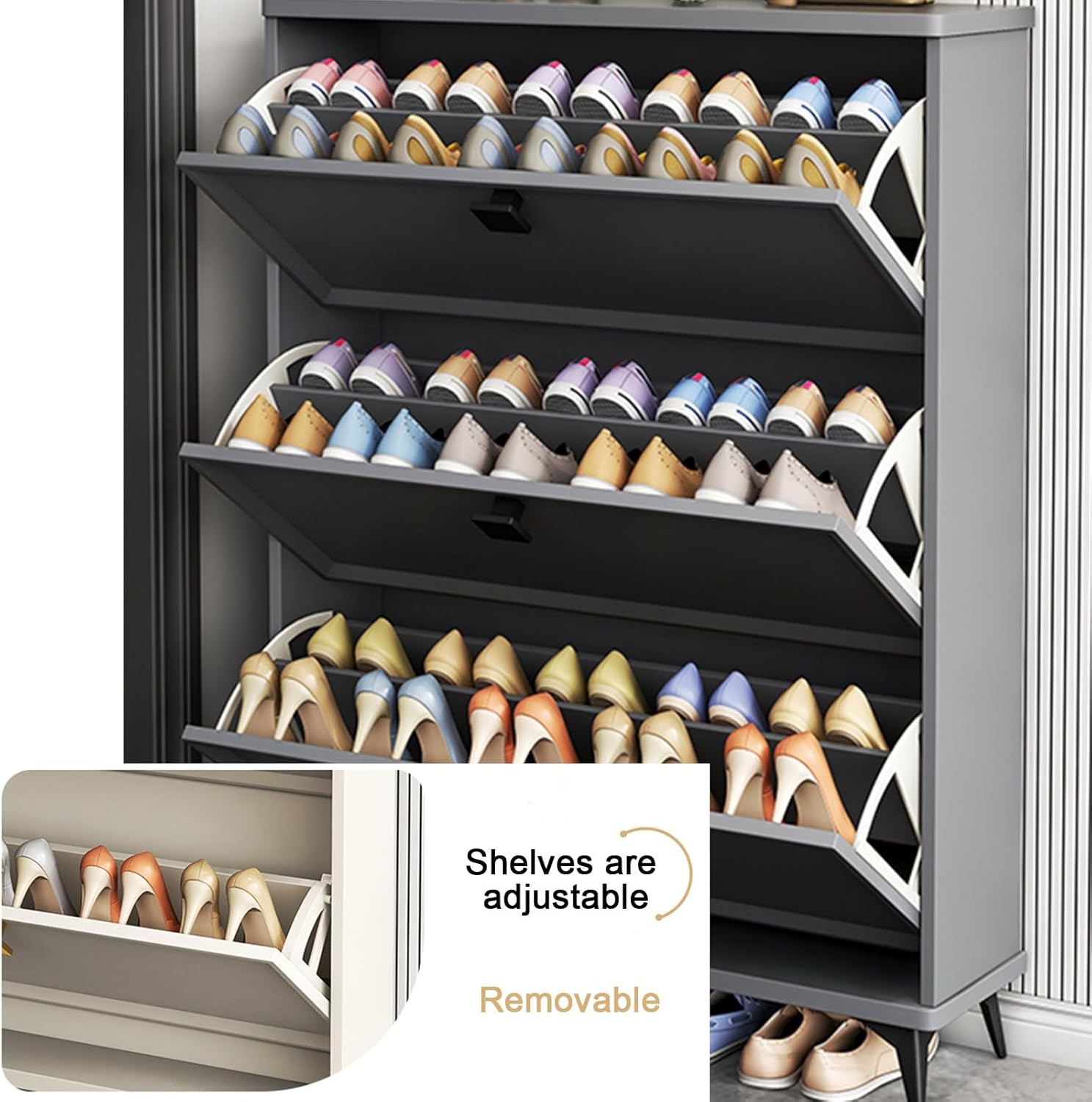 Shoe Storage Cabinet Cabinets Hallway Slim Cupboard Cupboards Hallways Slimline，Slim Shoe Storage Rack with 3 Flip Drawers & Adjustable Shelves, Holds 30-40 Pairs, Compact Shoe Cabinet for H