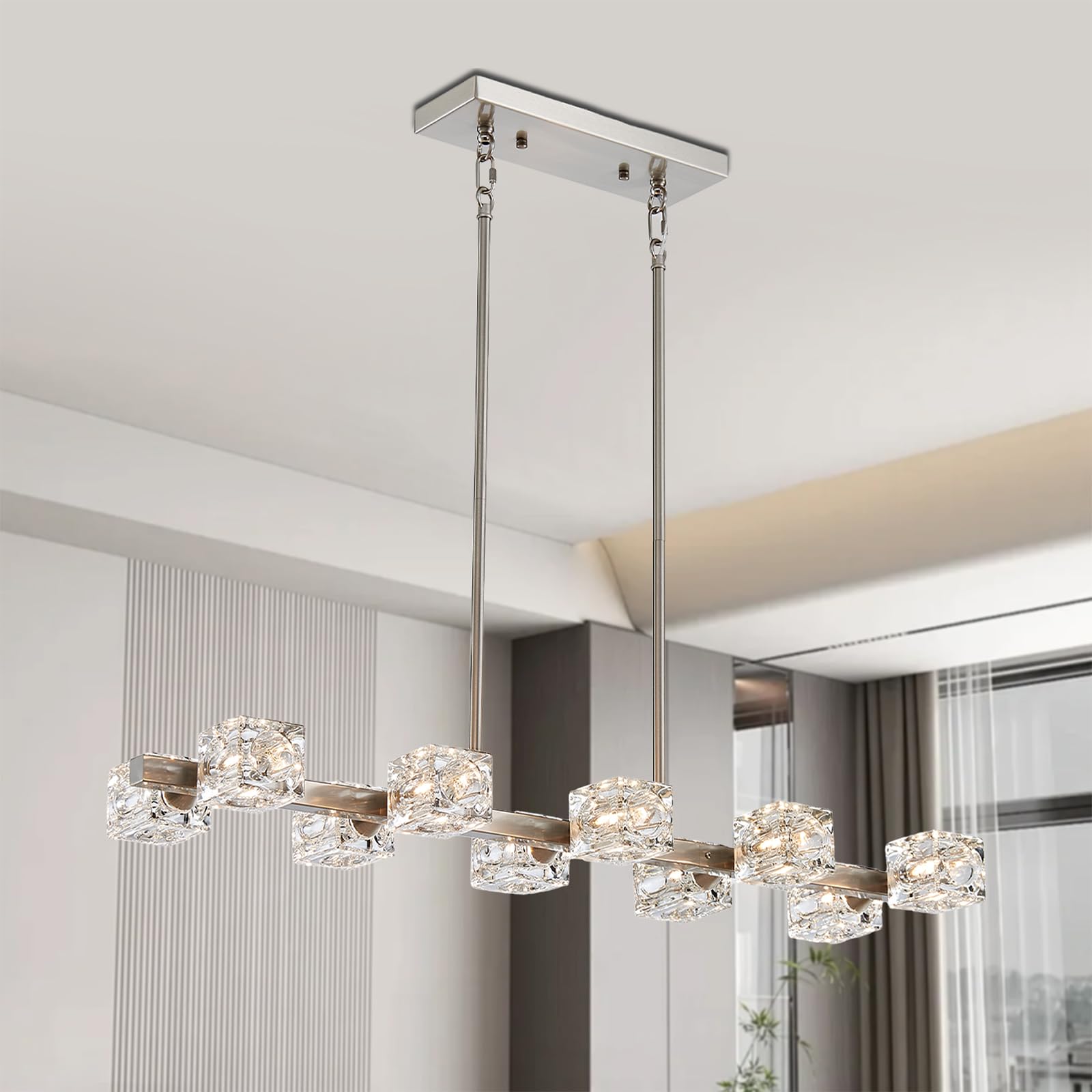 XINGQI Kitchen Island Light Fixture Brushed Nickel Large Rectangular Chandeliers 10 Lights for Dining Room, Modern Chandelier with Glass Lampshade Sputnik Chandeliers for Living Room