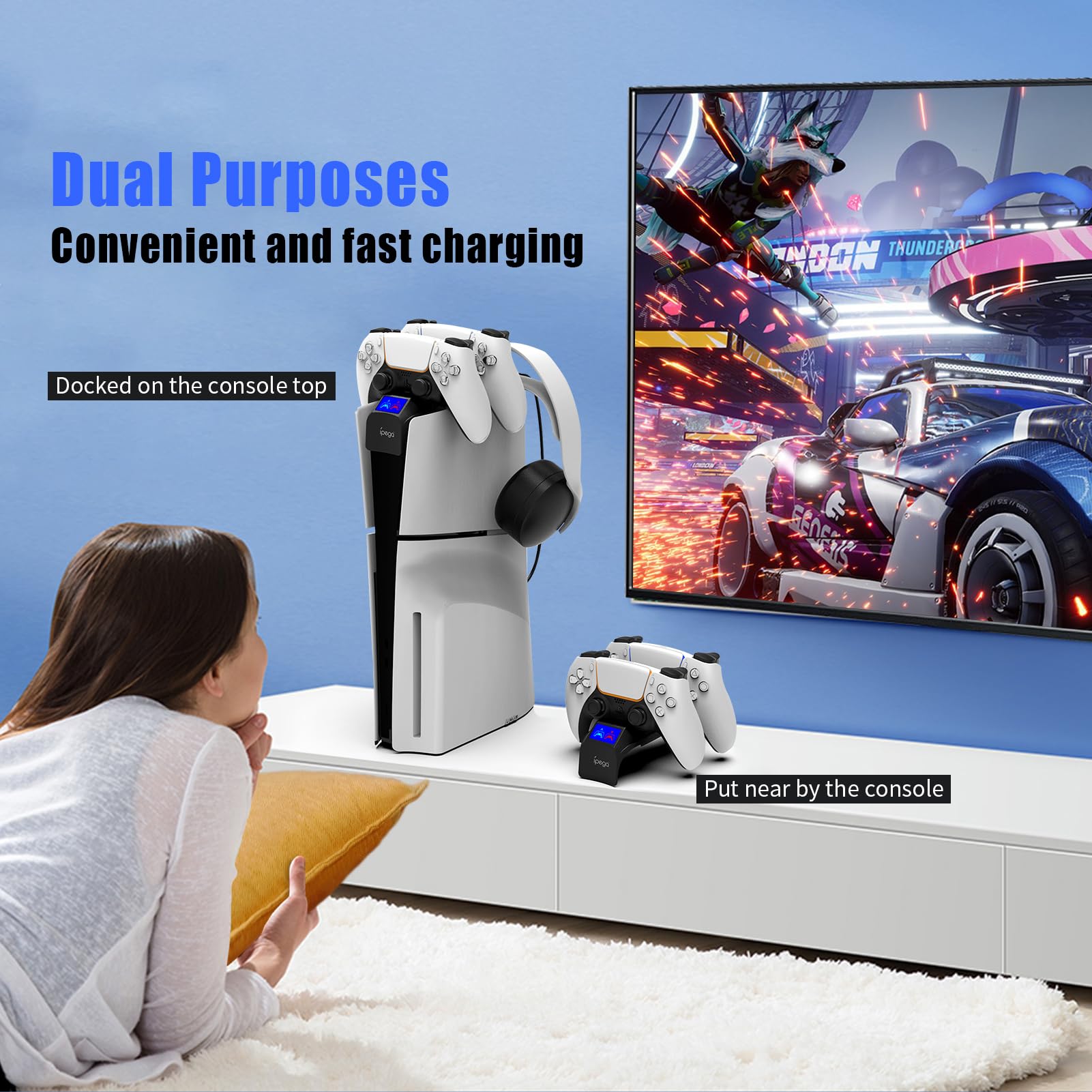 Station de Charge pour Manette PS5 Slim Digital & Disc, PS5 Slim Station de Charge avec Affichage LED, PS5 USB-C Chargeur Accessoires pour PS5 Slim