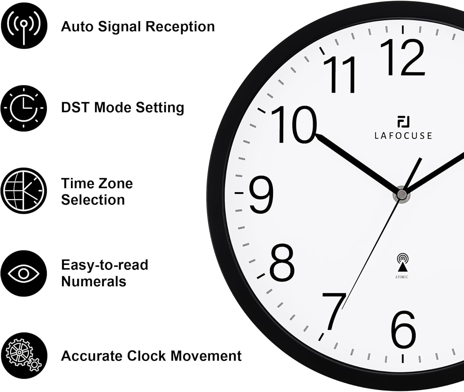 Lafocuse 12 Inch Analog Atomic Wall Clock Battery Operated, Modern Simpe Black Wall Clocks for Living Room for Kitchen Office Bedroom