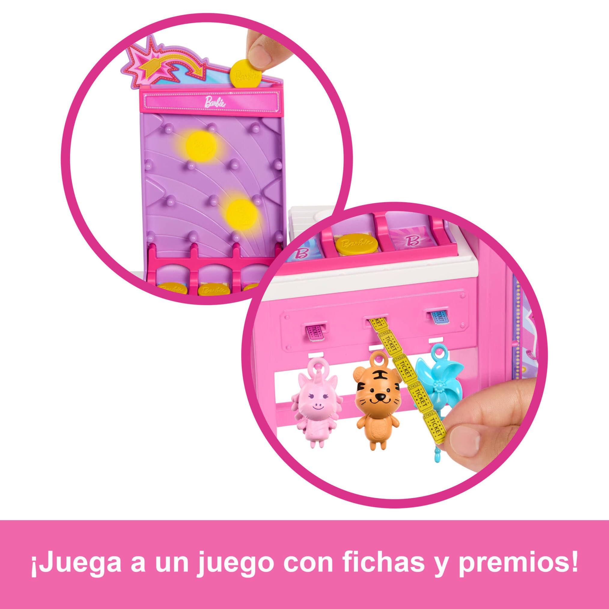 Barbie Mysteries: Beach Detectives Barbie Malibu Conjunto de juego con muñeca y puesto de juegos con algodón de azúcar, con 20 accesorios, incluidos premios, JFV67
