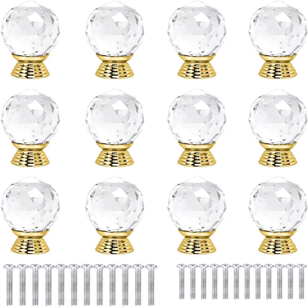 12 Pcs 30mm Round Shape Crystal Glass Cabinet Knobs with Screws Drawer Knob Pull Handle Used for Kitchen, Dresser, Door, Cupboard(Gold B Clear)