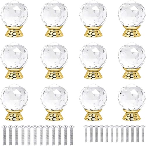 12 pomos de cristal de forma redonda de 1.181 in con base dorada con tornillos, perilla de cajón para tirar, utilizada para cocina, tocador, puerta, disponible en Yaxa Venezuela