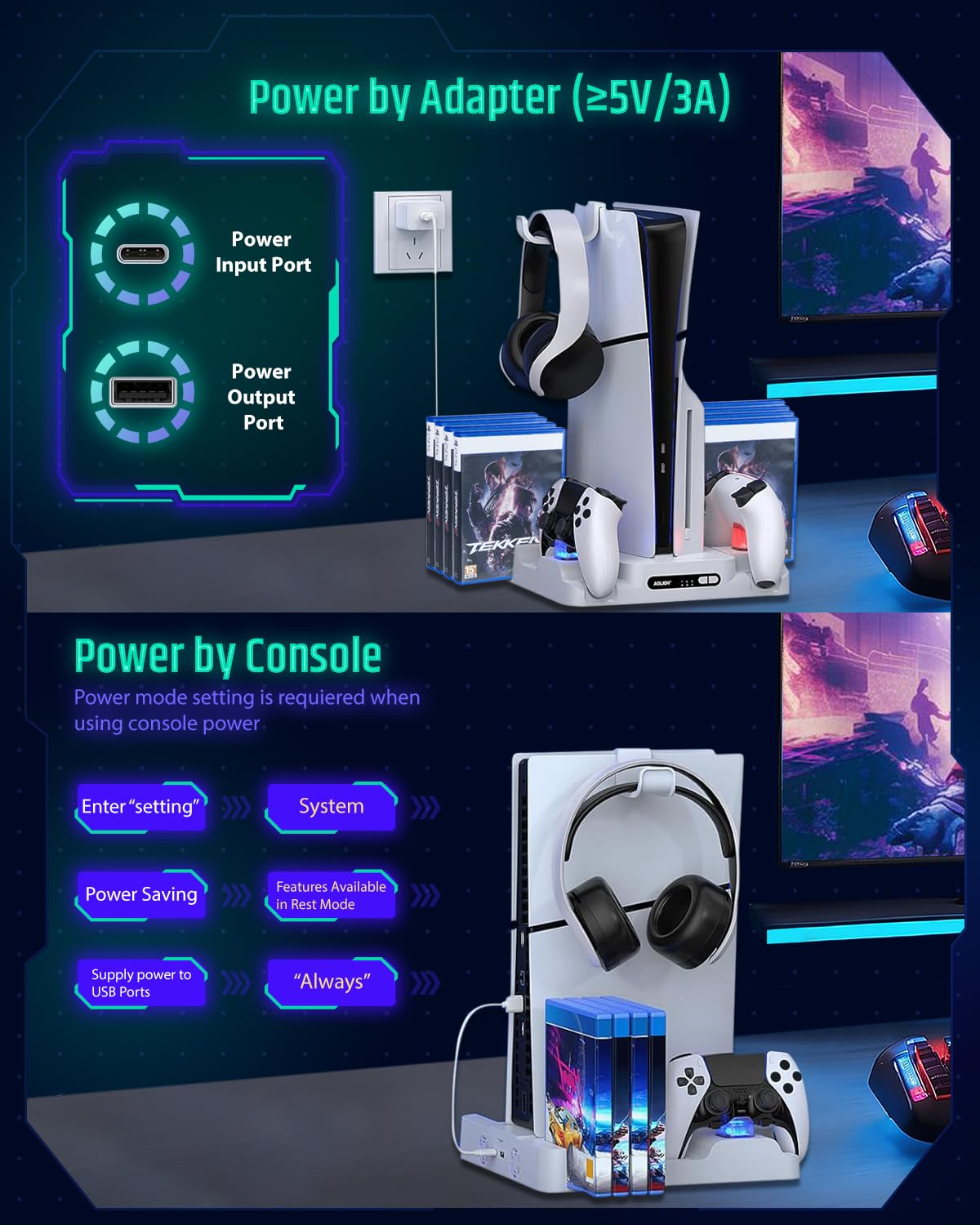 Estación de Recarga Rápida del Consola PS 5 con Ventilador de Enfriamiento, Cargador Compatible con Mando Play 5, Soporte para Auriculares Gafas Cascos PS 5