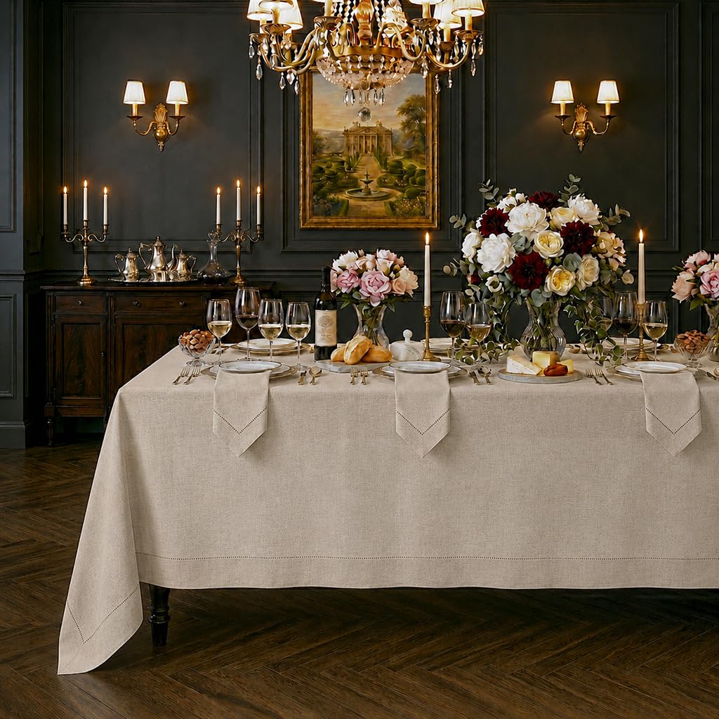 Signature Linen™ by D'Moksha Natural Tablecloth, Dining Tablecloth 150 x 225 cm, 100% Pure Linen, Hemstitch, Machine Washable Table Cloth for Dining- Summer