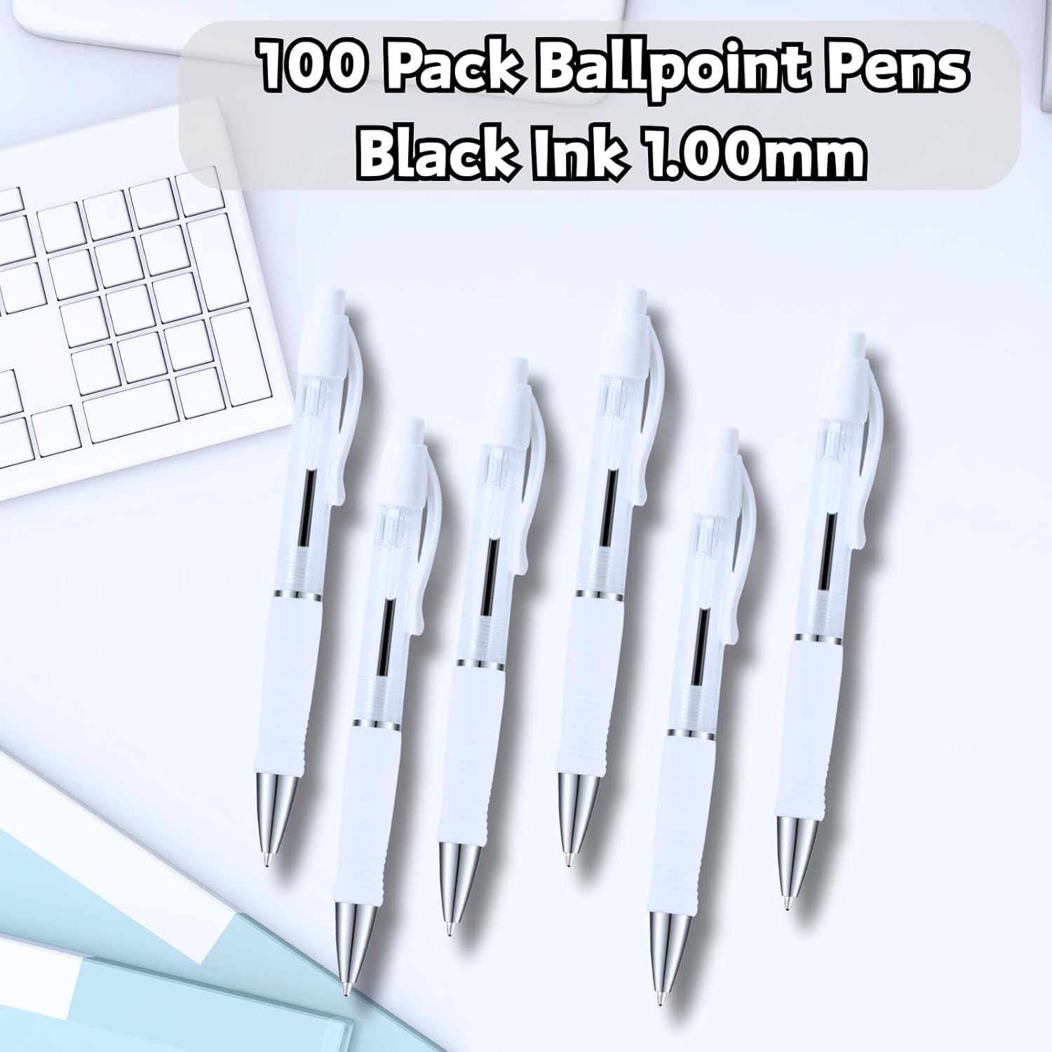 BallPoint Pens Bulk, 100 Pack White Barrel (BLACK Ink), No Bleed Black Ink with soft Grip, Click Pens for Office Home and School, Retractable Ballpoint Pens, Medium Point, 1.00MM Smooth Writing