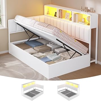 Brinlawb Corner Twin Lift Up Storage Bed with Charging Station, LED Lights, Day Bed with Upholstered Headboard and Guardrails, Bookcase, Hydraulic Support, No Box Spring