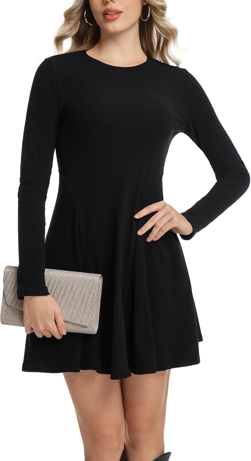Womens Long Sleeve Dress 2026 Spring Fall Fashion Crewneck Ribbed Knit Flare A-Line Soft Casual Mini Dresses