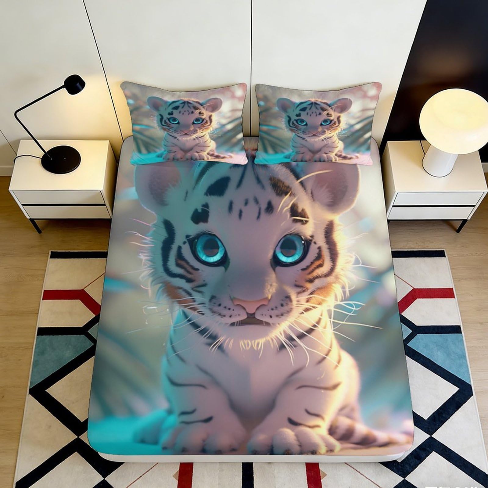 3D Printed White Tiger Fitted Sheet Microfiber Soft Blue Eyes Jungle Animal Mattress Cover Bedroom Decor 90x200x25cm