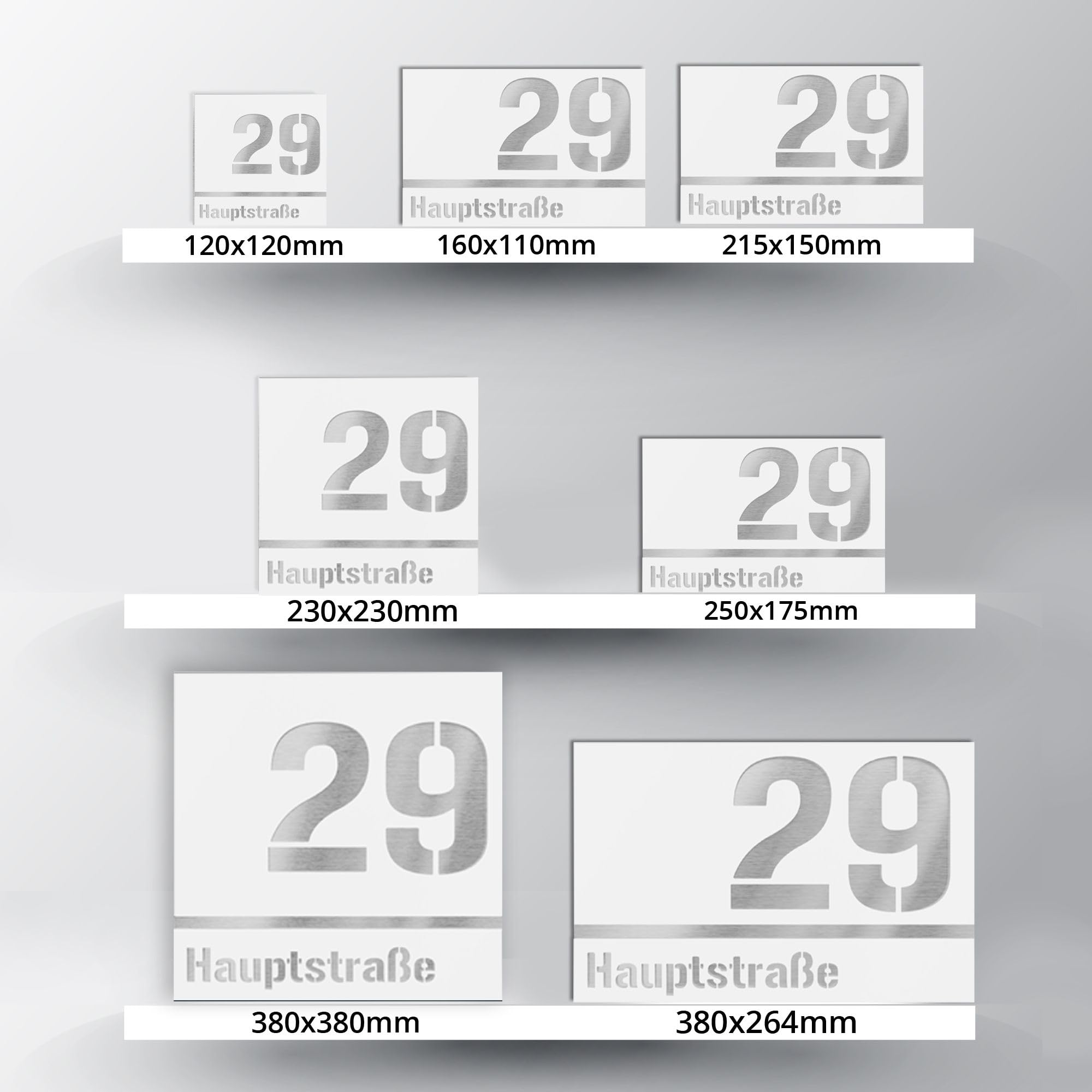 targhetta numero civico a due righe da esterno – 215x150 mm, bianco, acciaio inox V2A (AISI 304), personalizzabile