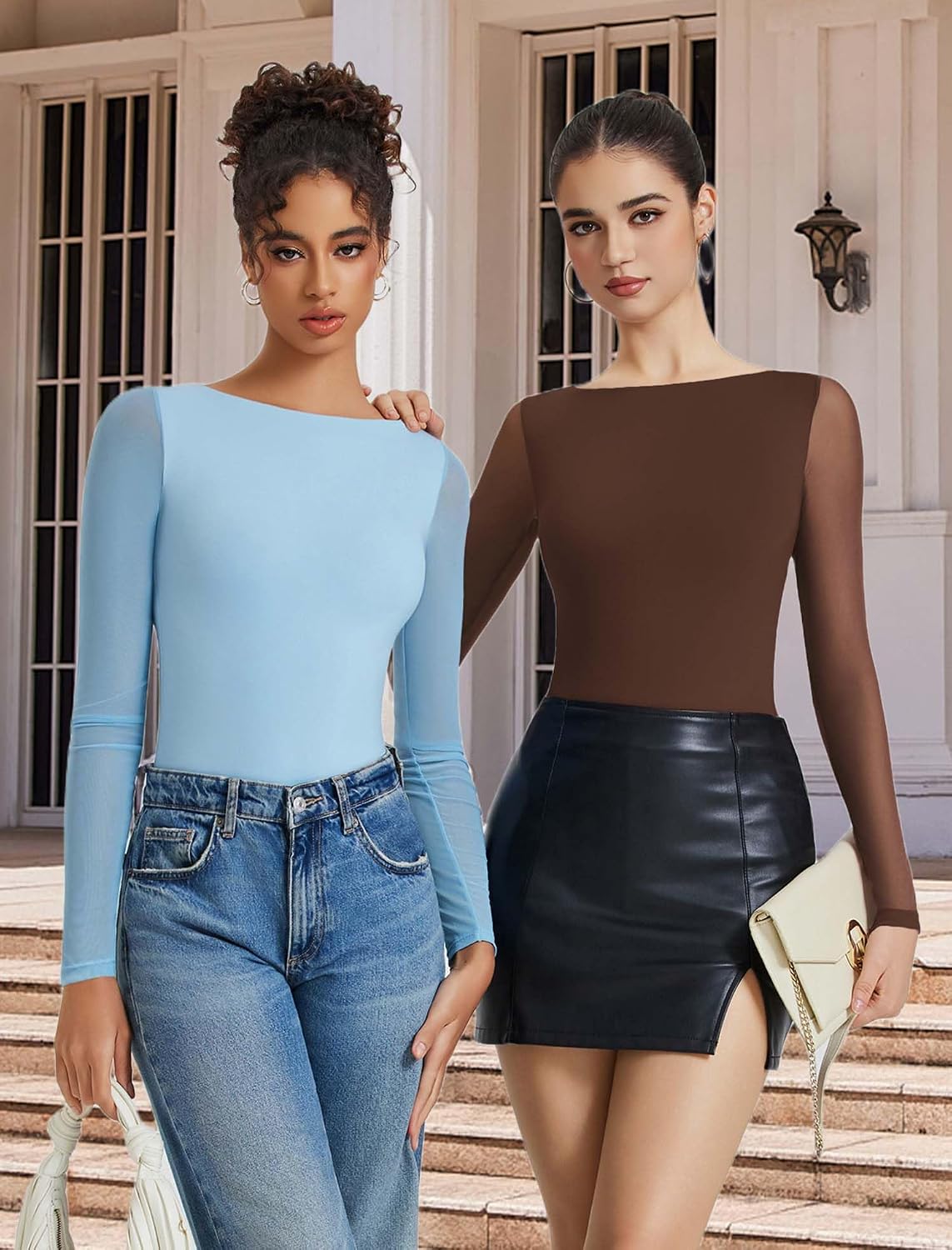 Avidlove Women Long Sleeve Body Suits Mesh Boat Neck Shapewear Bodysuit Crew Neck Leotards Going Out Tops Fall Outfits
