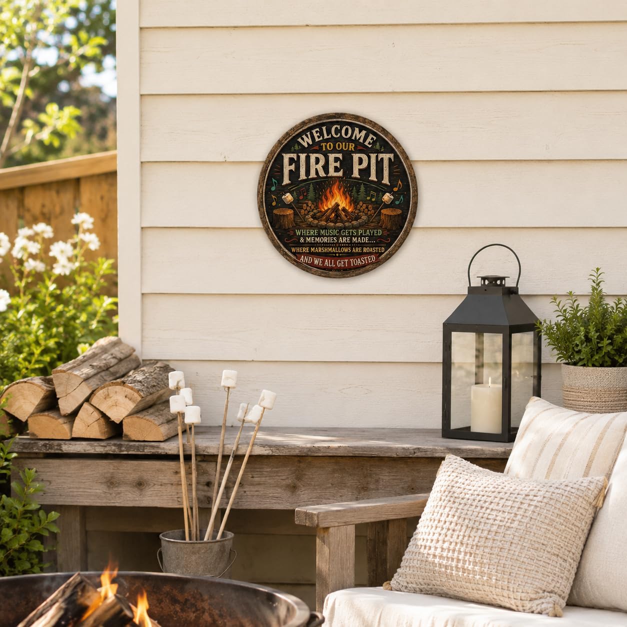 Welcome to Our Fire Pit Metal Sign 8x8in Round image 2