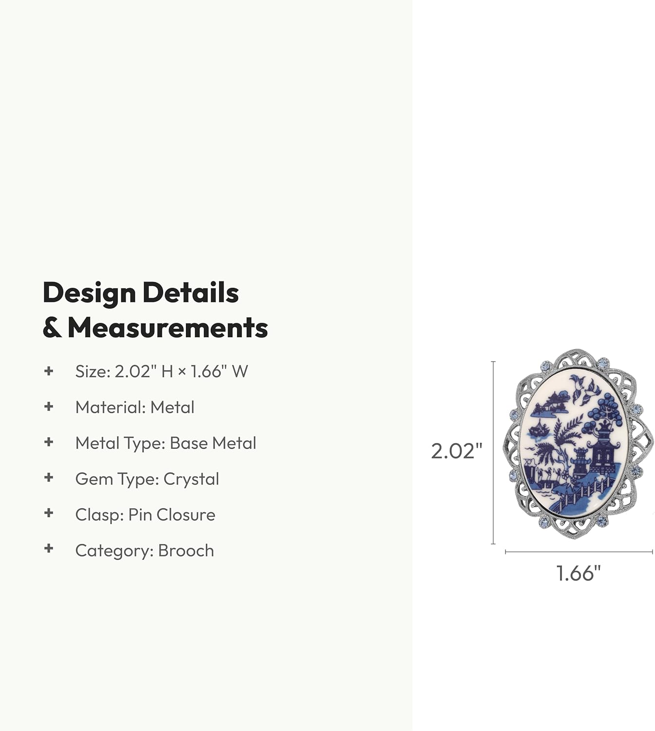 Blue Willow Pagoda Light Sapphire Crystal Oval Brooch Pin, 1928 Jewelry Brooch - White and Blue Pagoda Art, Light Sapphire Crystal Accents, Silver-Tone Frame, Replica Antique Jewelry Design - Image 3