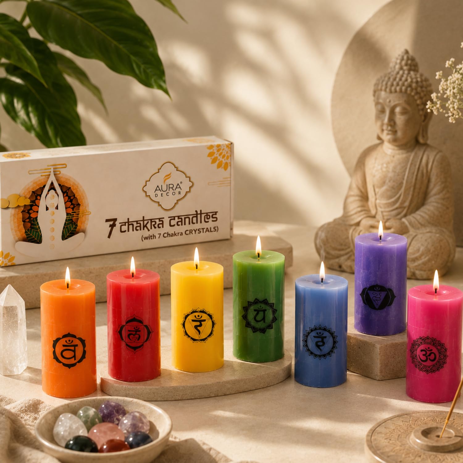 AuraDecor 7 Chakra Pillar Candle with 7 Chakras Gem Stones || Reiki Candle || Spiritual Candle || Magic Candle || Tarot Candle-image-39