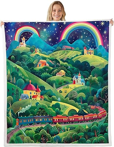 Kids Train Throw Blanket,Cartoon Anime Style Bed Plush Blanket for Living Room Decor,Watercolor Rainbow Trees Couch Bed Sofa Soft Cozy Kids Adults