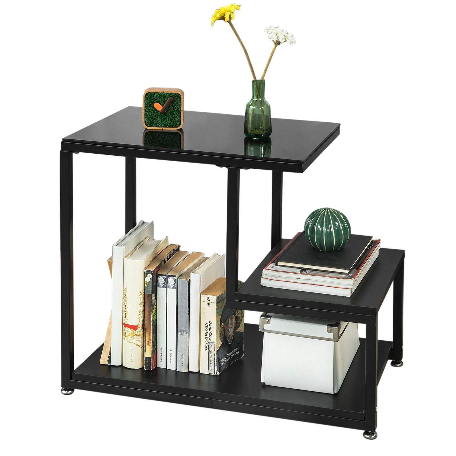 Tavolino Moderno 2 Ripiani In Vetro Temperato E Metallo Nero - Set Da 2 Pezzi Per Soggiorno, Camera Da Letto, Piccolo Spazio