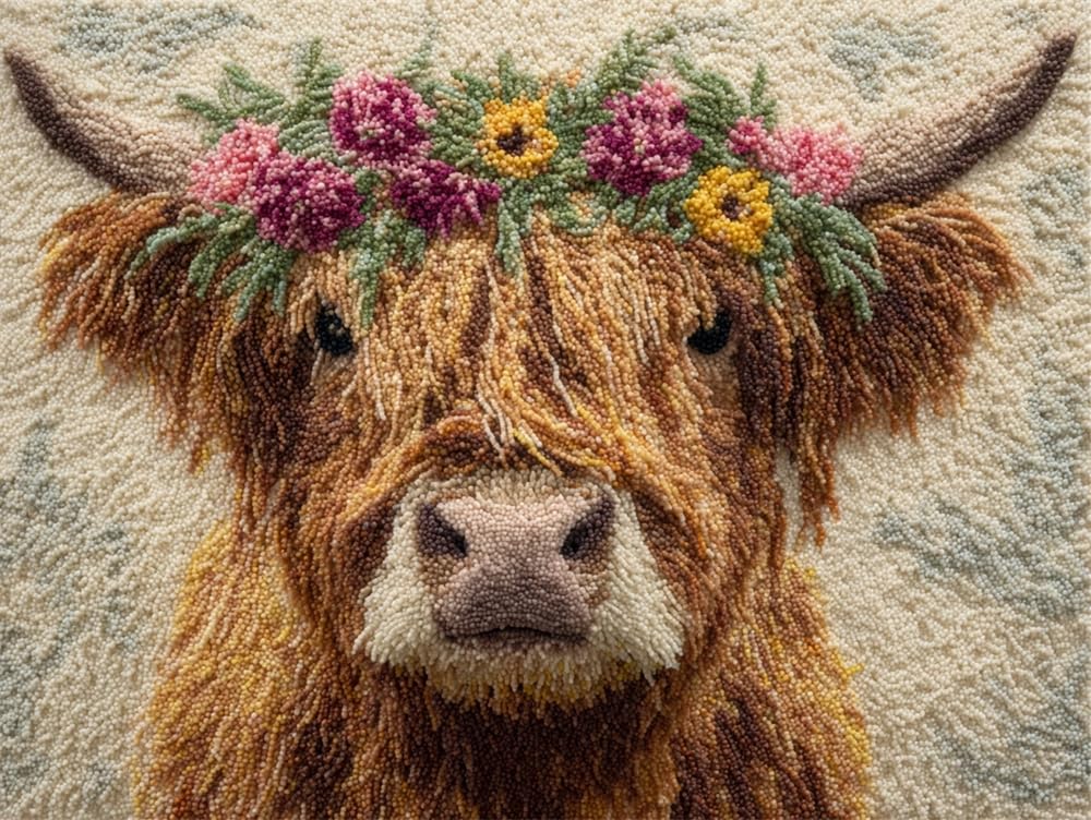 FWRTYCB Yarn Rug Hooking Kits Highland Cow Wearing A Flower Wreath 20X15Inch Carpet