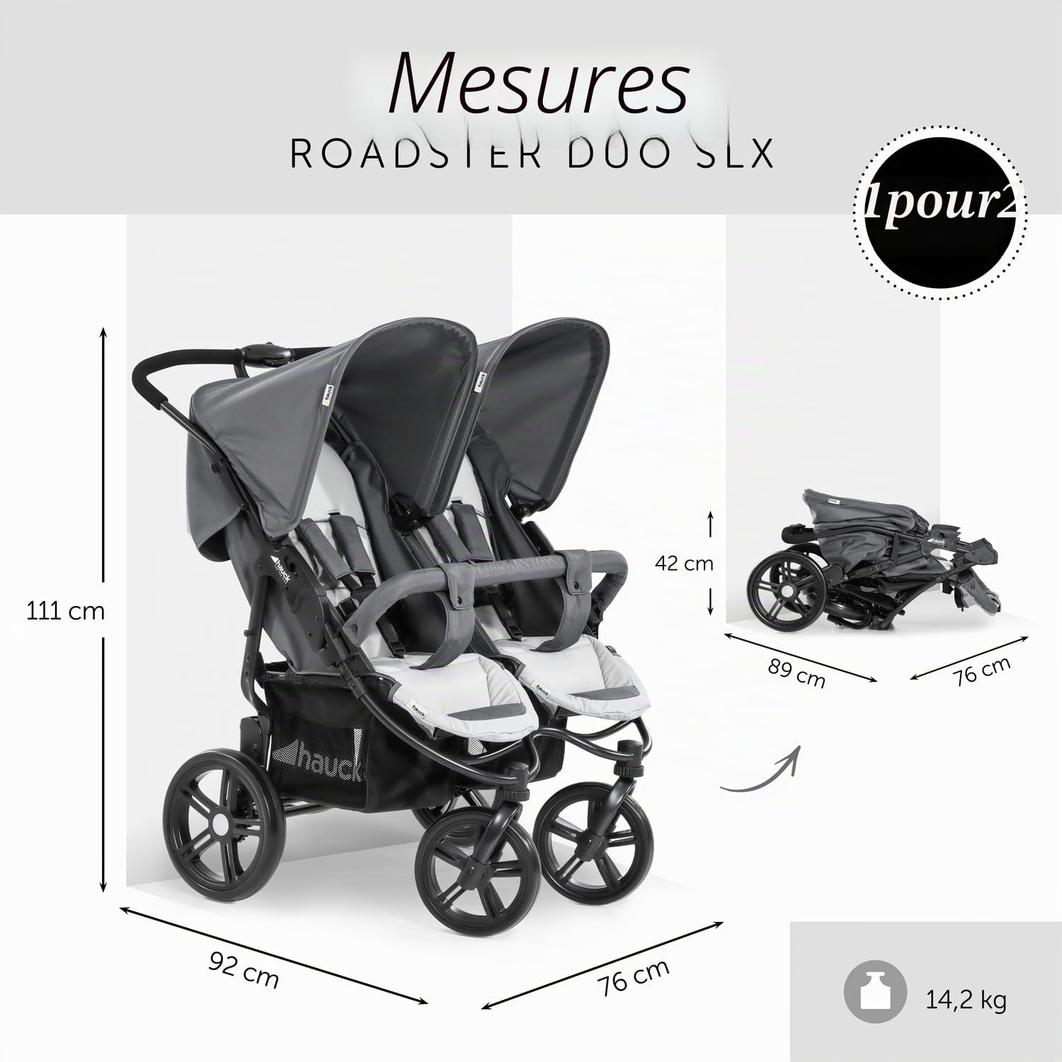 hauck Poussette Double pour Jumeaux ou Frères et Sœurs Roadster Duo SLX – Pliable Compacte, Position Allongée – Grand Panier, Grandes Roues – dès la Naissance à 15 kg Chacun (env 3 Ans), Gris Argenté