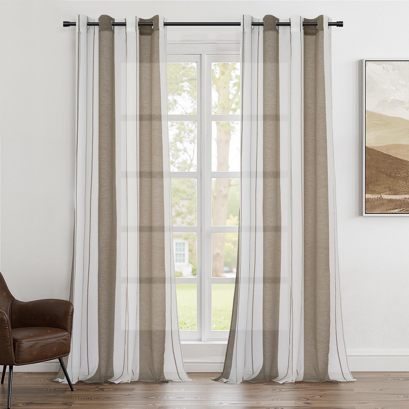 Topfinel Tende in voile marrone con occhielli, semitrasparenti, per cameretta dei bambini, camera da letto, soggiorno, 140 x 245 (larghezza x altezza) cm, set da 2 pezzi