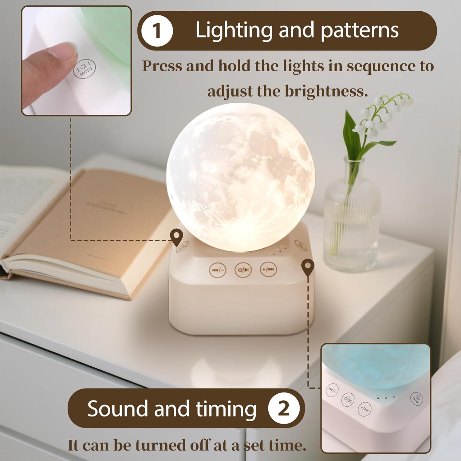 White Noise Sleep Machine with Moon Lamp Night Light,24 Soothing Sounds,Adjustable RGB Color Changing,Sleep Aid for Babies & Adults,Timer & Type-C Rechargeable,Reduces Stress & Improves Sleep Quality